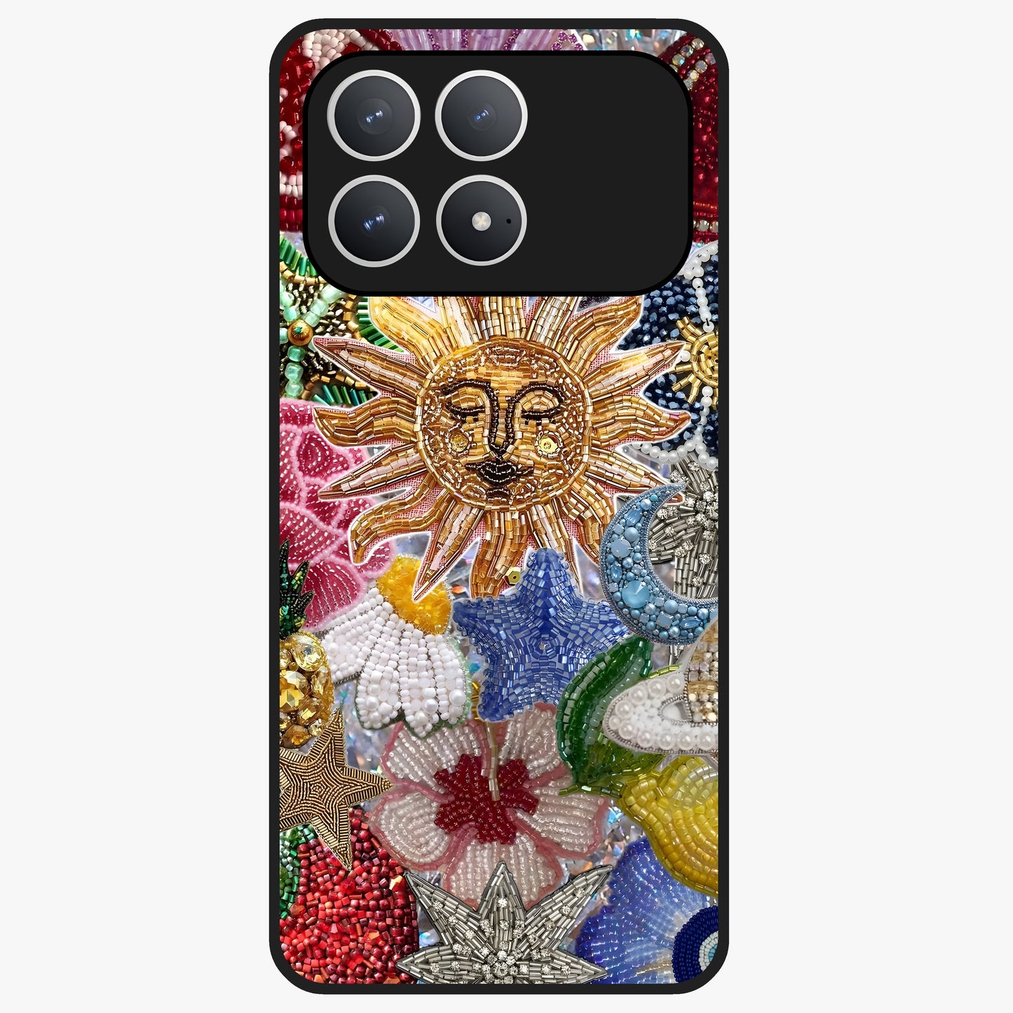 Celestial Floral and Playful Glass Case showing flat back view with floral and celestial themed artwork and glossy glass finish.