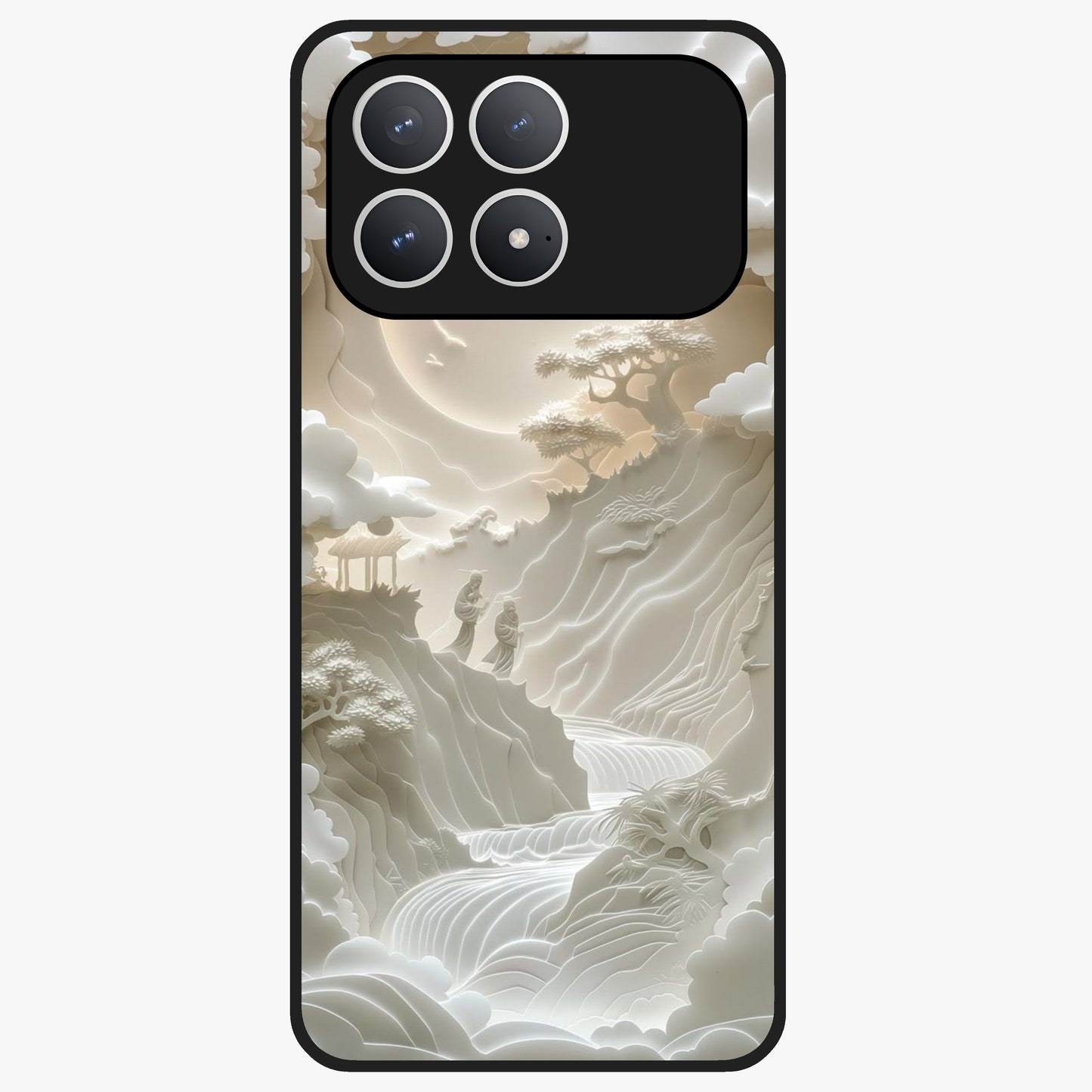 Celestial Origami Glass Case showing flat back view with artistic origami inspired celestial artwork and glossy glass finish.