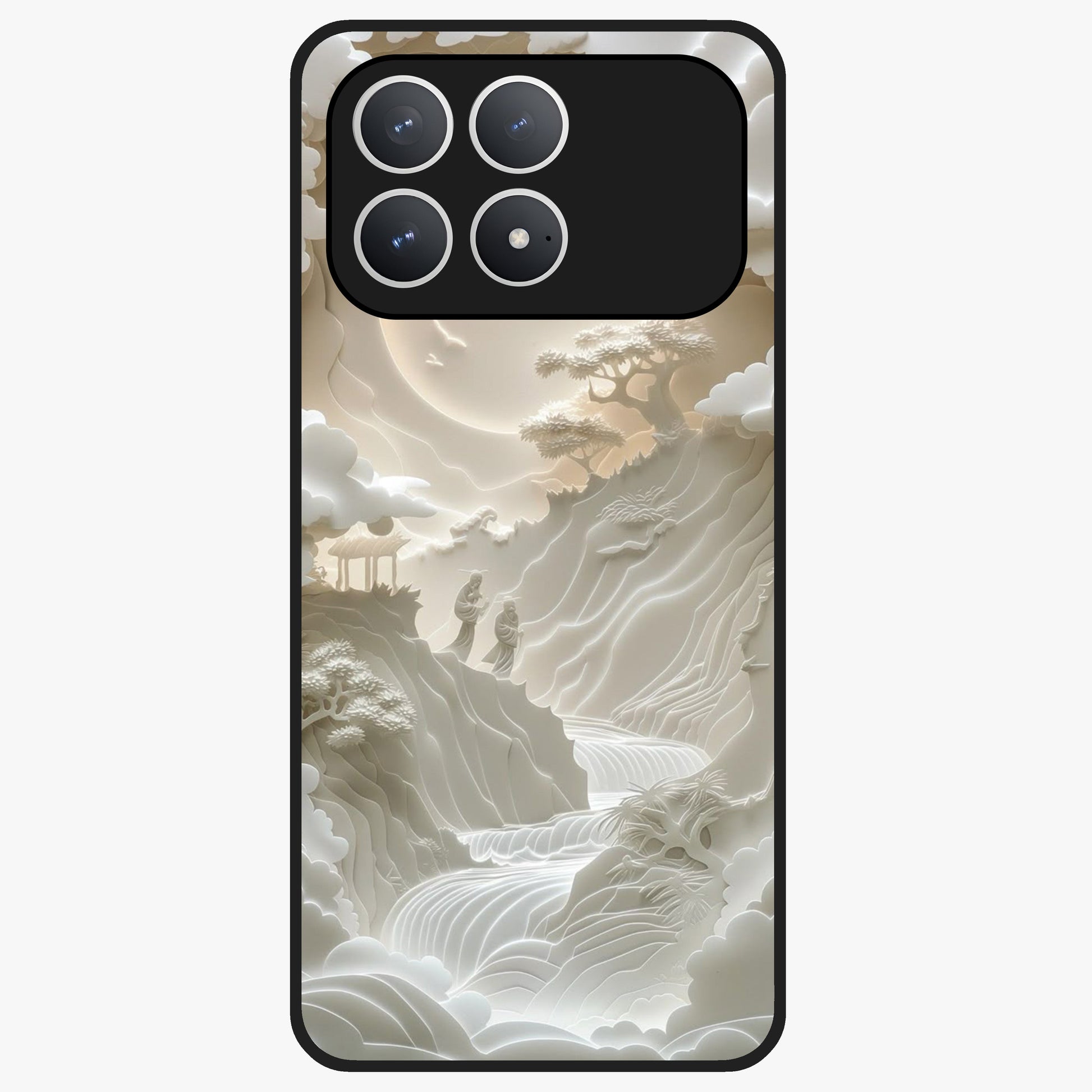 Celestial Origami Glass Case showing flat back view with artistic origami inspired celestial artwork and glossy glass finish.