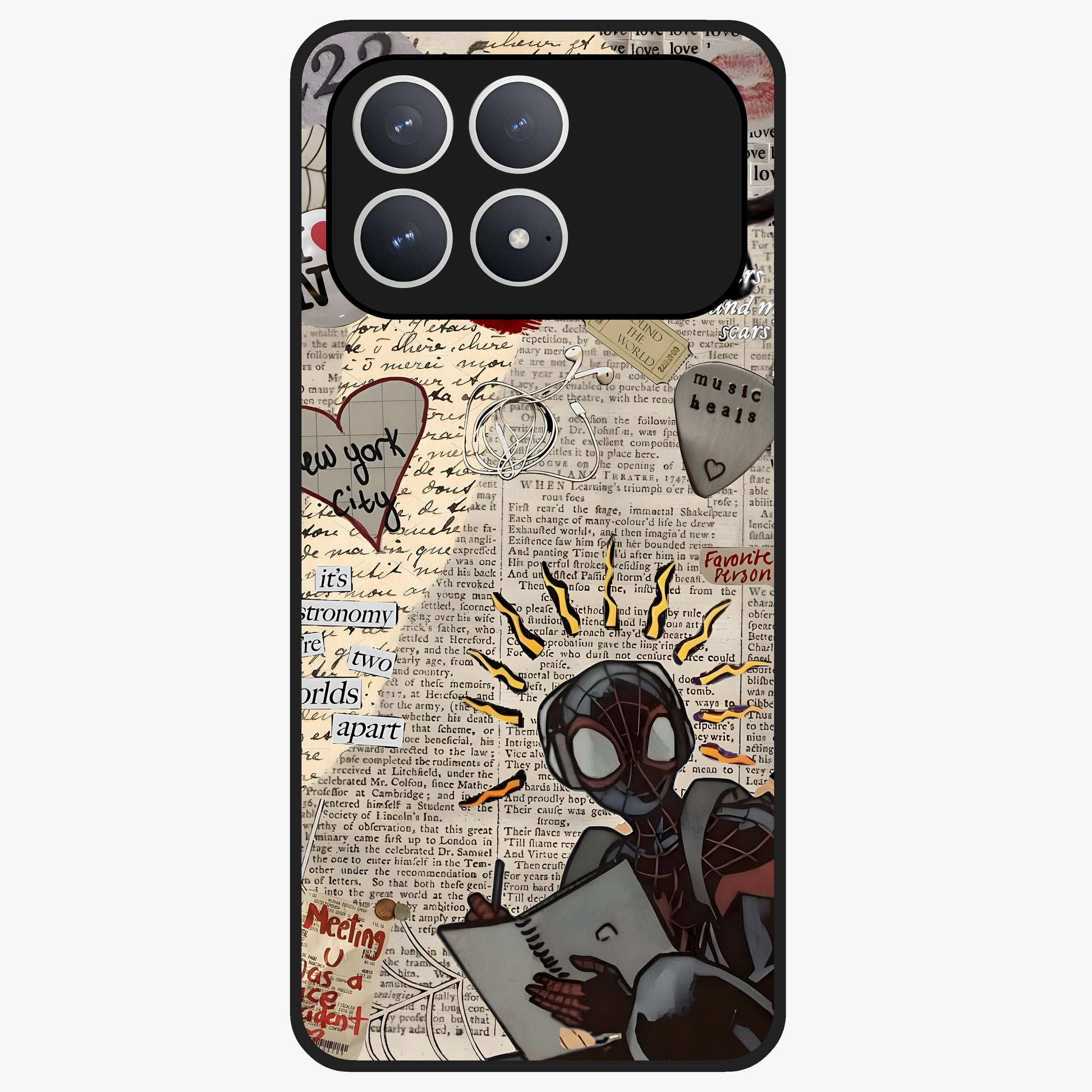 City Dream Sketch Glass Case showing flat back view with artistic city skyline sketch artwork and glossy glass finish.