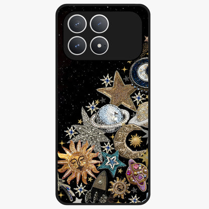 Cosmic Sparkle Dreams Glass Case showing flat back view with sparkling cosmic artwork and glossy glass finish.