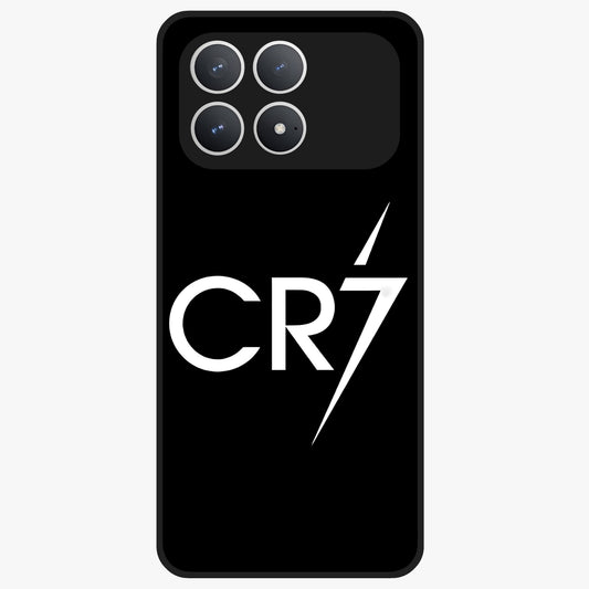 Cr7 Elite Strike Glass Case showing flat back view with dynamic football inspired artwork and glossy glass finish.