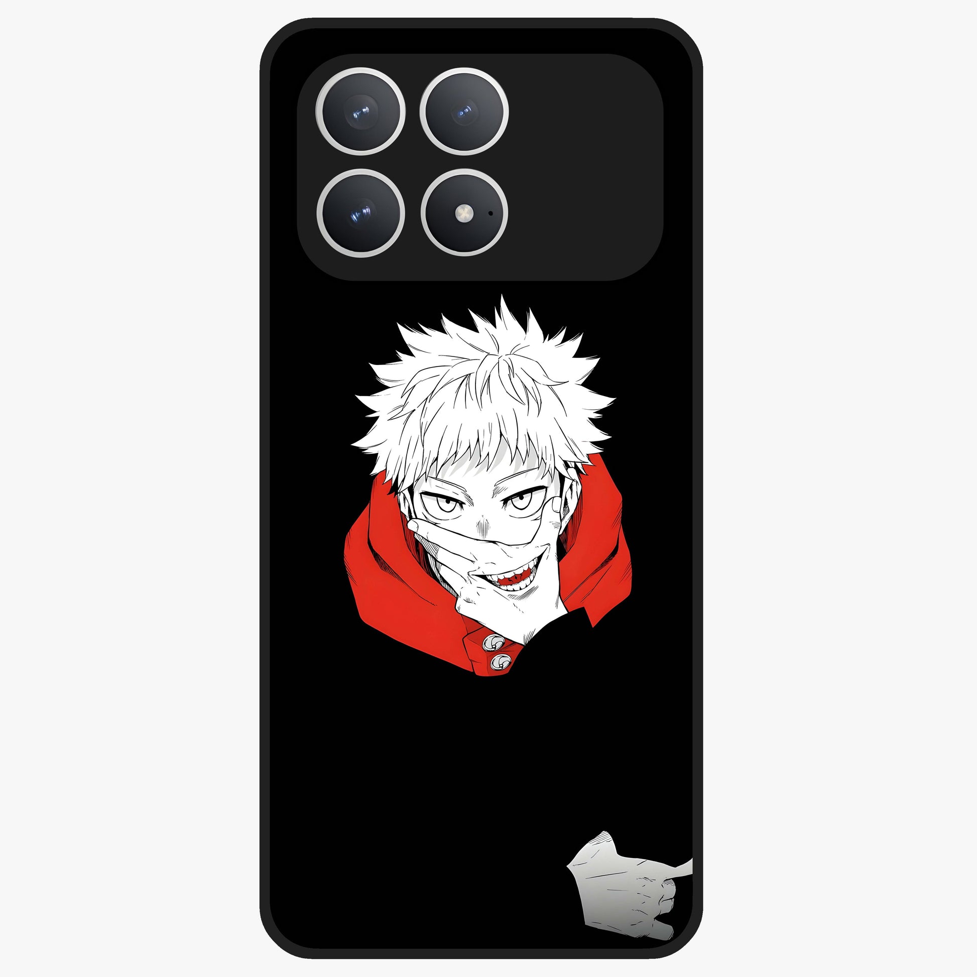 Crimson Chaos Smile Glass Case showing flat back view with bold chaotic smile artwork and glossy glass finish.
