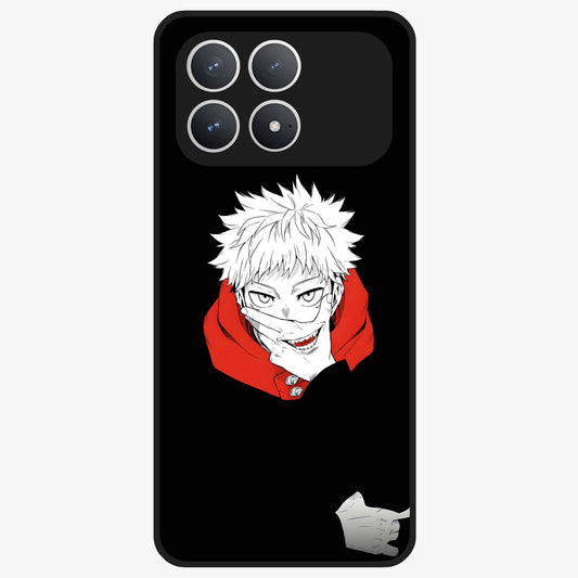 Crimson Chaos Smile Glass Case showing flat back view with bold chaotic smile artwork and glossy glass finish.