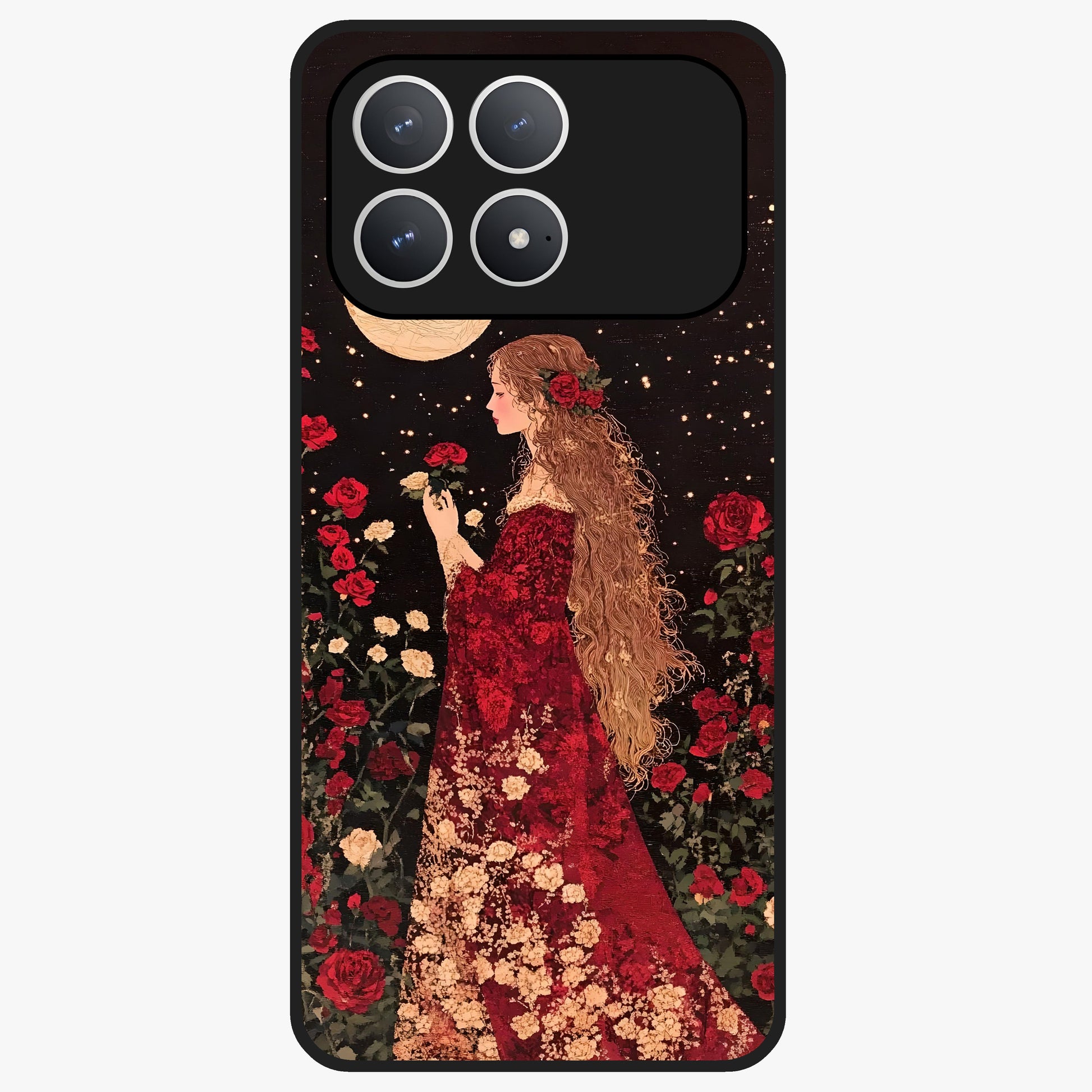 Crimson Dreams Glass Case showing flat back view with dreamy crimson artwork and glossy glass finish.