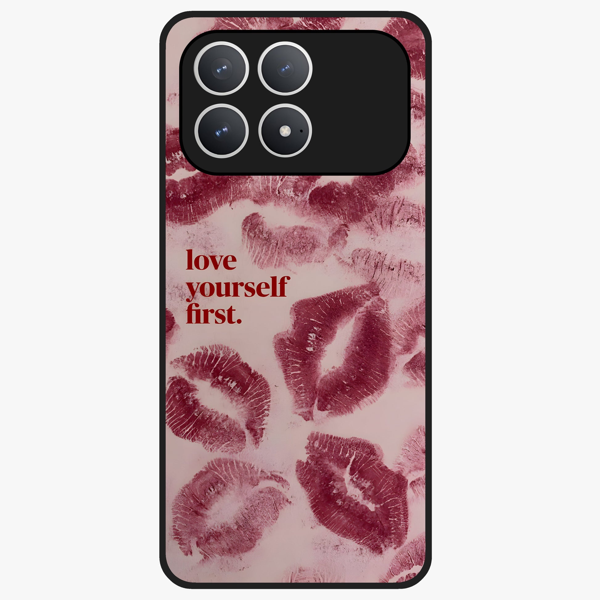 Crimson Kiss Love Glass Case showing flat back view with romantic crimson themed artwork and glossy glass finish.