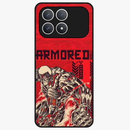 Crimson Mecha Titan Glass Case showing flat back view with powerful mech titan artwork and glossy glass finish.