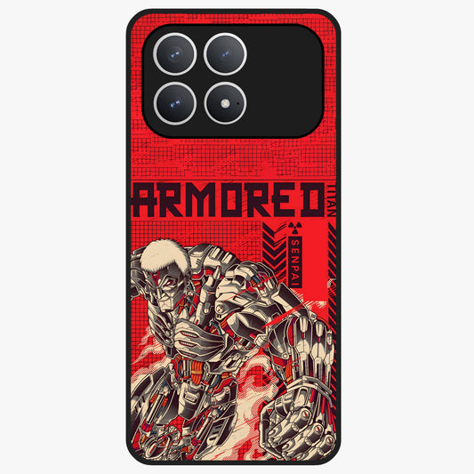 Crimson Mecha Titan Glass Case showing flat back view with powerful mech titan artwork and glossy glass finish.