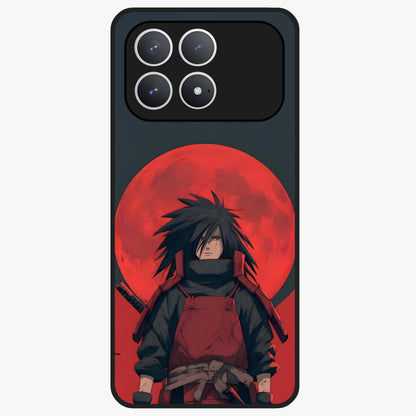 Crimson Moon Warlord Glass Case showing flat back view with mystical moon warrior artwork and glossy glass finish.
