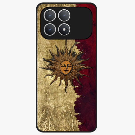 Crimson Sun Majesty Glass Case showing flat back view with radiant sun inspired artwork and glossy glass finish.