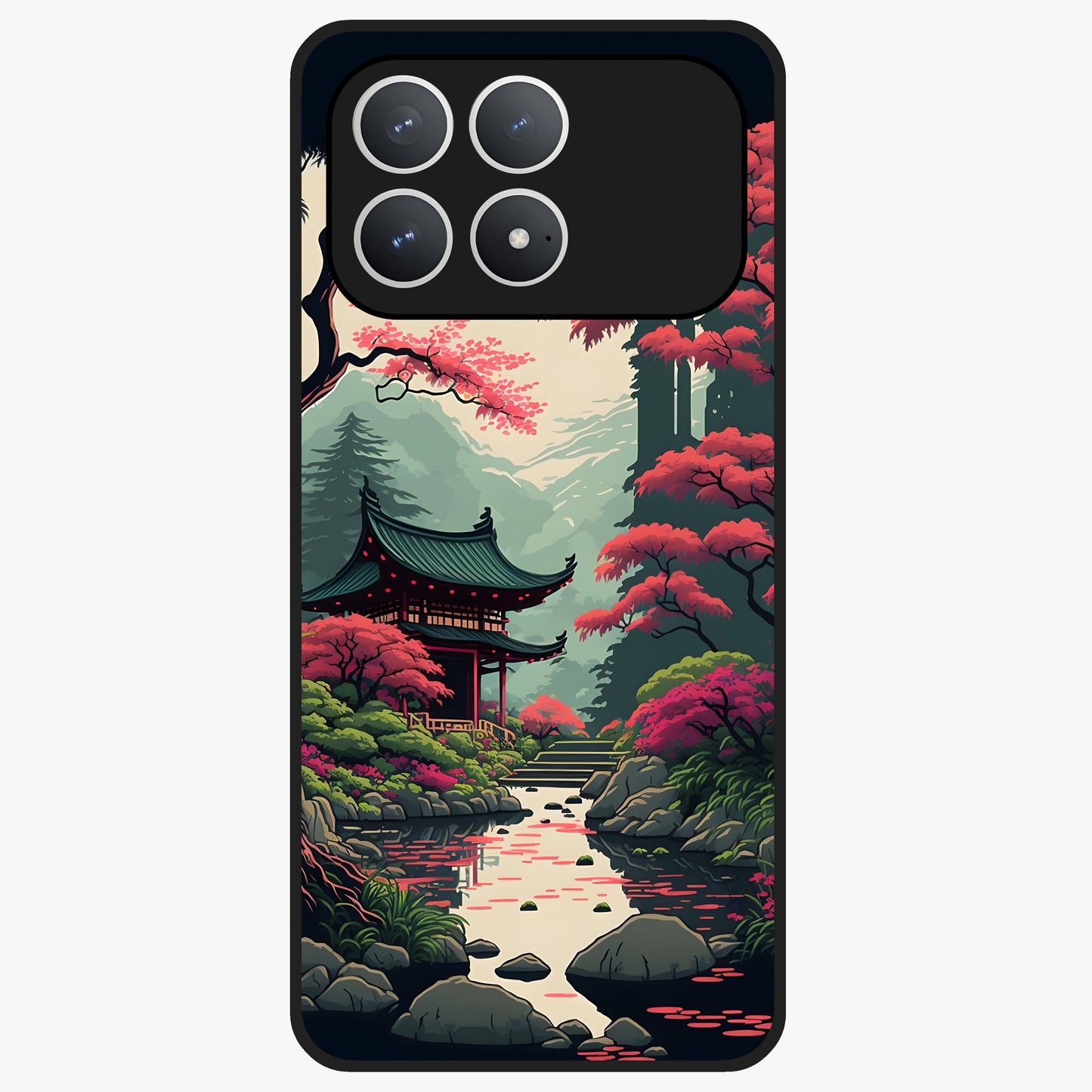 Crimson Temple View Glass Case showing flat back view with temple inspired artwork and glossy glass finish.