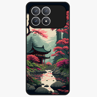 Crimson Temple View Glass Case showing flat back view with temple inspired artwork and glossy glass finish.