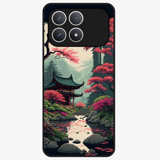 Crimson Temple View Glass Case showing flat back view with temple inspired artwork and glossy glass finish.