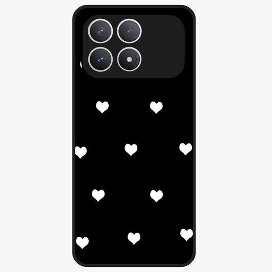 Cute And Simple White Hearts Glass Case showing flat back view with minimal white heart pattern and glossy glass finish.