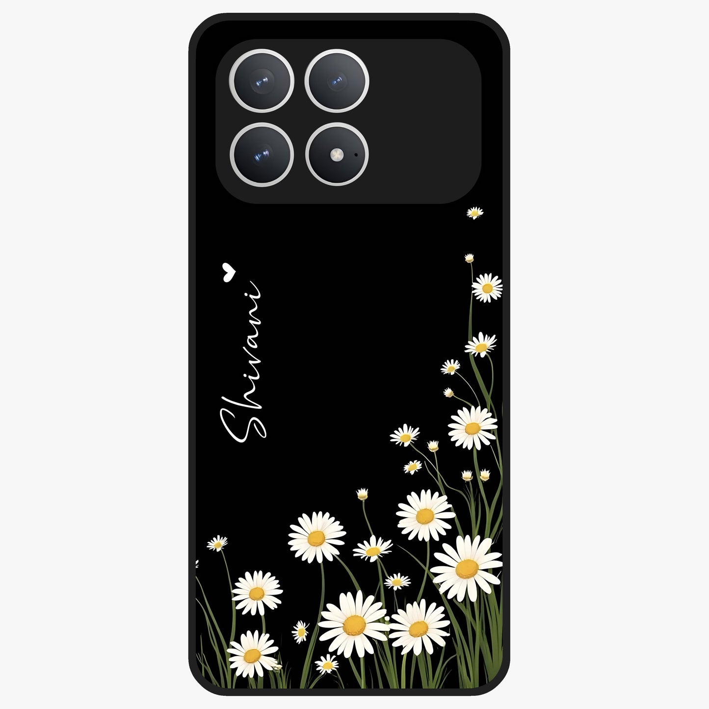 Daisy Cascade Custom Name Glass Case showing flat back view with cascading daisy flowers and personalized name design.