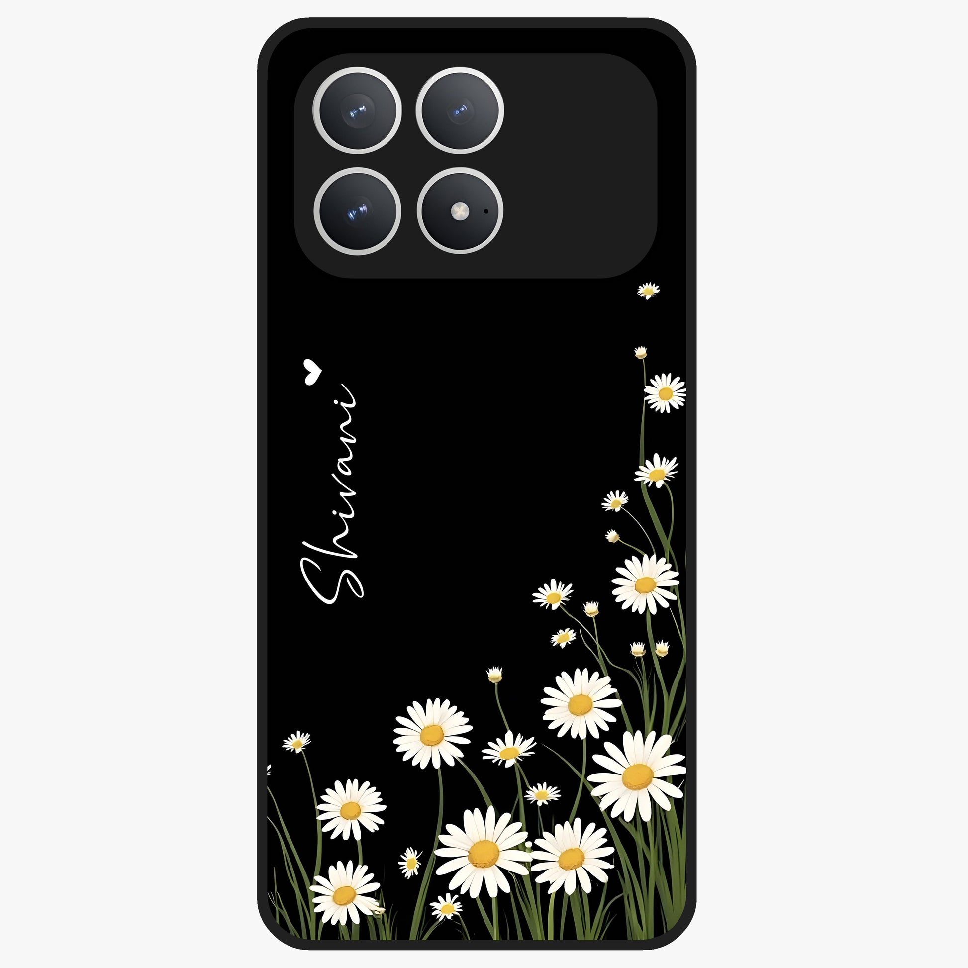 Daisy Cascade Custom Name Glass Case showing flat back view with cascading daisy flowers and personalized name design.