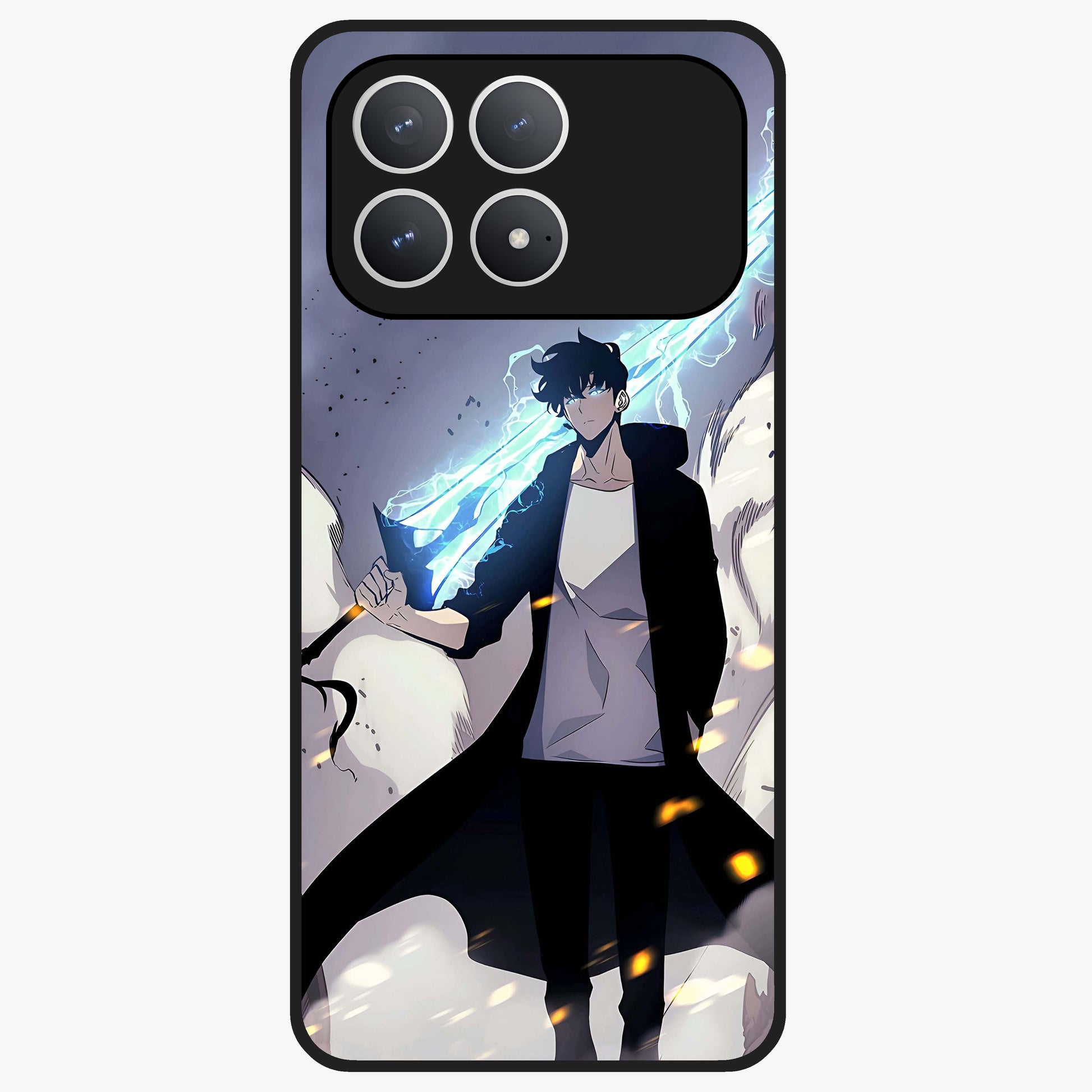 Dark Lightning Anime Warrior Glass Case showing flat back view with intense anime warrior artwork and glossy glass finish.