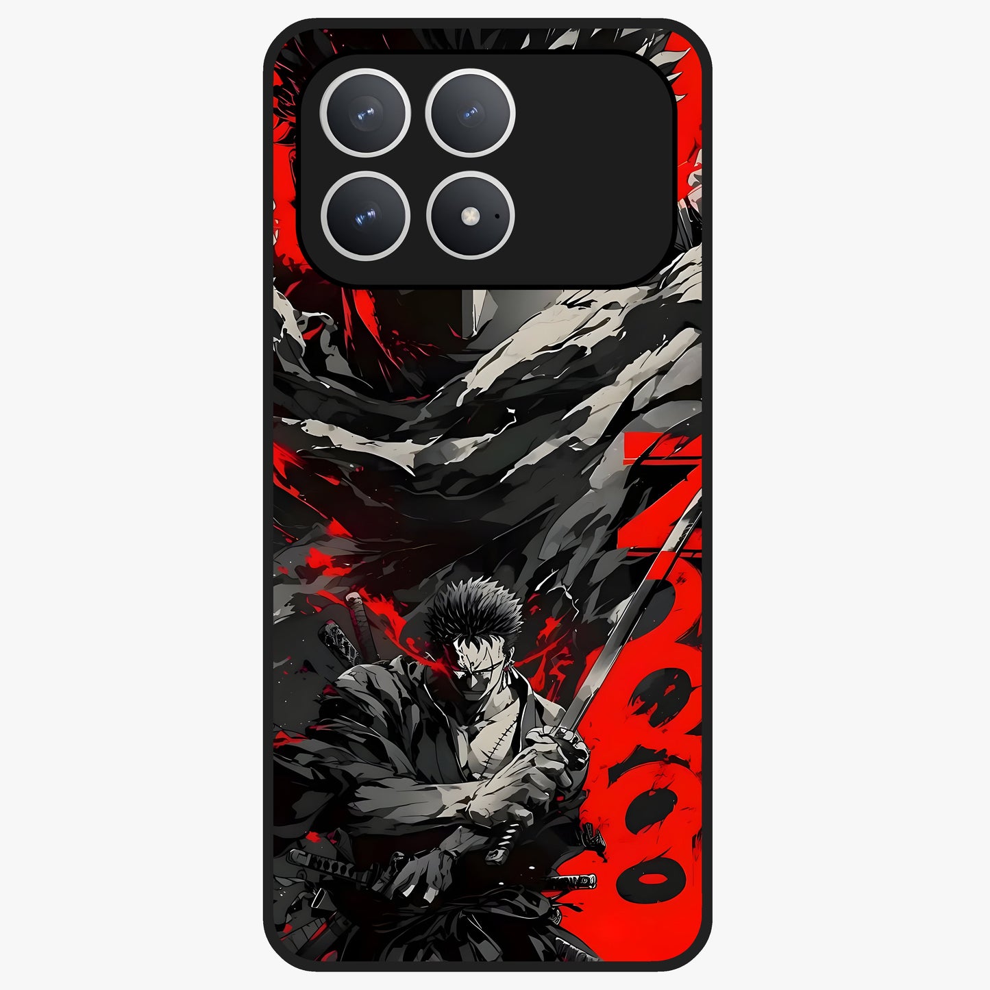 Demon Sword Resolve Glass Case showing flat back view with fierce sword warrior artwork and glossy glass finish.