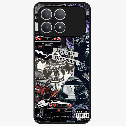 Die Young Glass Case showing flat back view with bold artistic typography design and glossy glass finish.