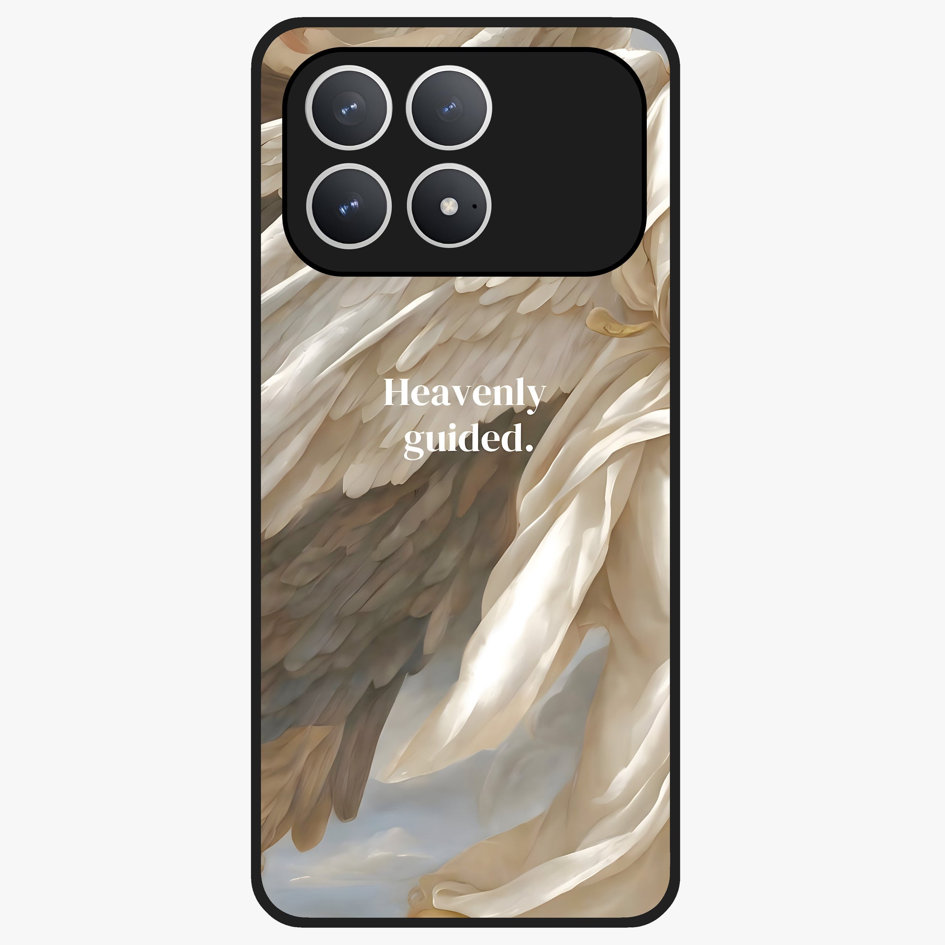 Divine Winged Grace Glass Case showing flat back view with elegant wing inspired artwork and glossy glass finish.