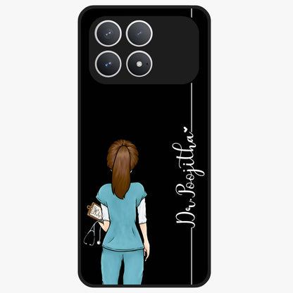Doctor Pattern Custom Name Glass Case showing flat back view with medical themed pattern and personalized name design.