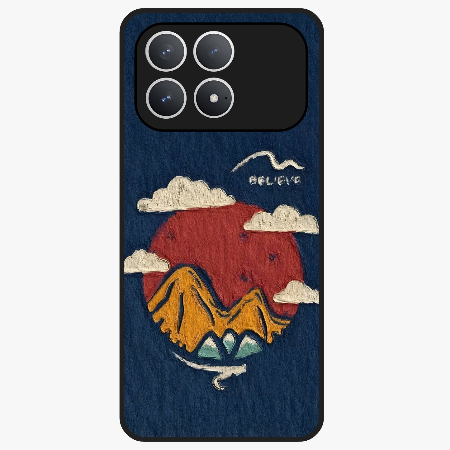 Dream Beyond Mountains Glass Case showing flat back view with scenic mountain landscape artwork and glossy glass finish.
