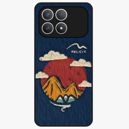 Dream Beyond Mountains Glass Case showing flat back view with scenic mountain landscape artwork and glossy glass finish.