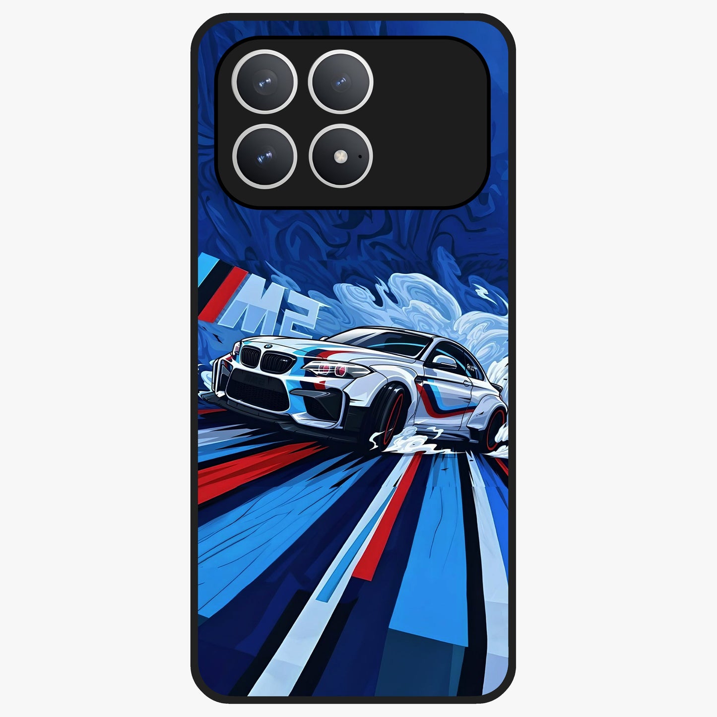 Drift Power Rush Glass Case showing flat back view with dynamic racing inspired artwork and glossy glass finish.