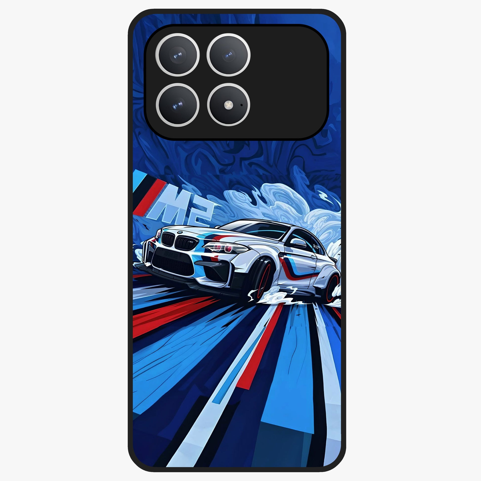 Drift Power Rush Glass Case showing flat back view with dynamic racing inspired artwork and glossy glass finish.
