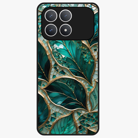 Emerald Leaf Glass Glass Case showing flat back view with emerald green leaf artwork and glossy glass finish.