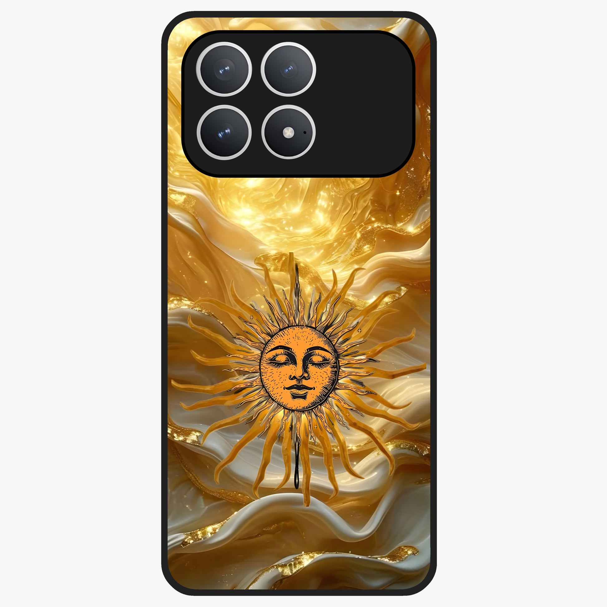 Eternal Golden Glow Glass Case showing flat back view with radiant golden themed artwork and glossy glass finish.