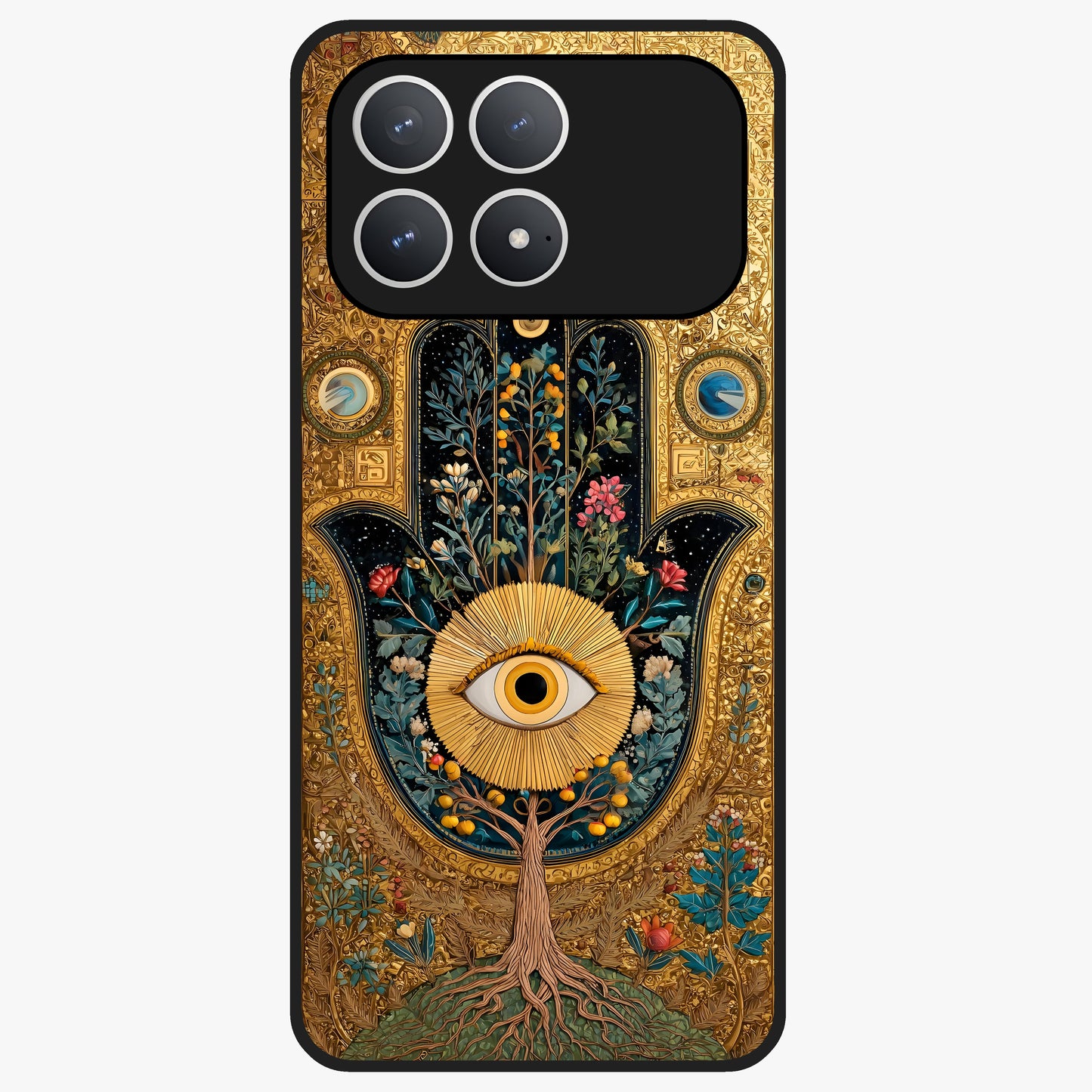 Ethereal Evil Eye Glass Case showing flat back view with mystical evil eye artwork and glossy glass finish.