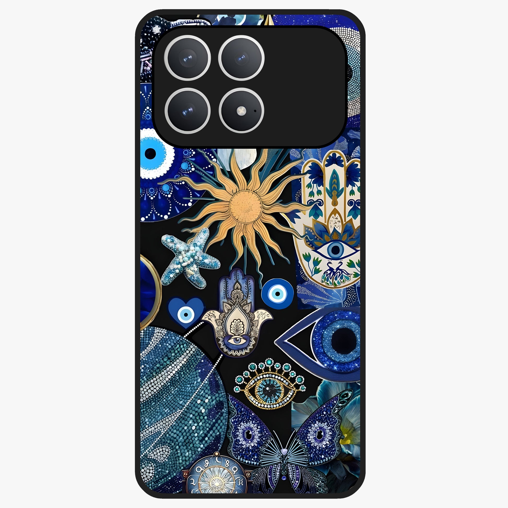 Evil Eye Charm Mix Glass Case showing flat back view with multiple evil eye charms artwork and glossy glass finish.