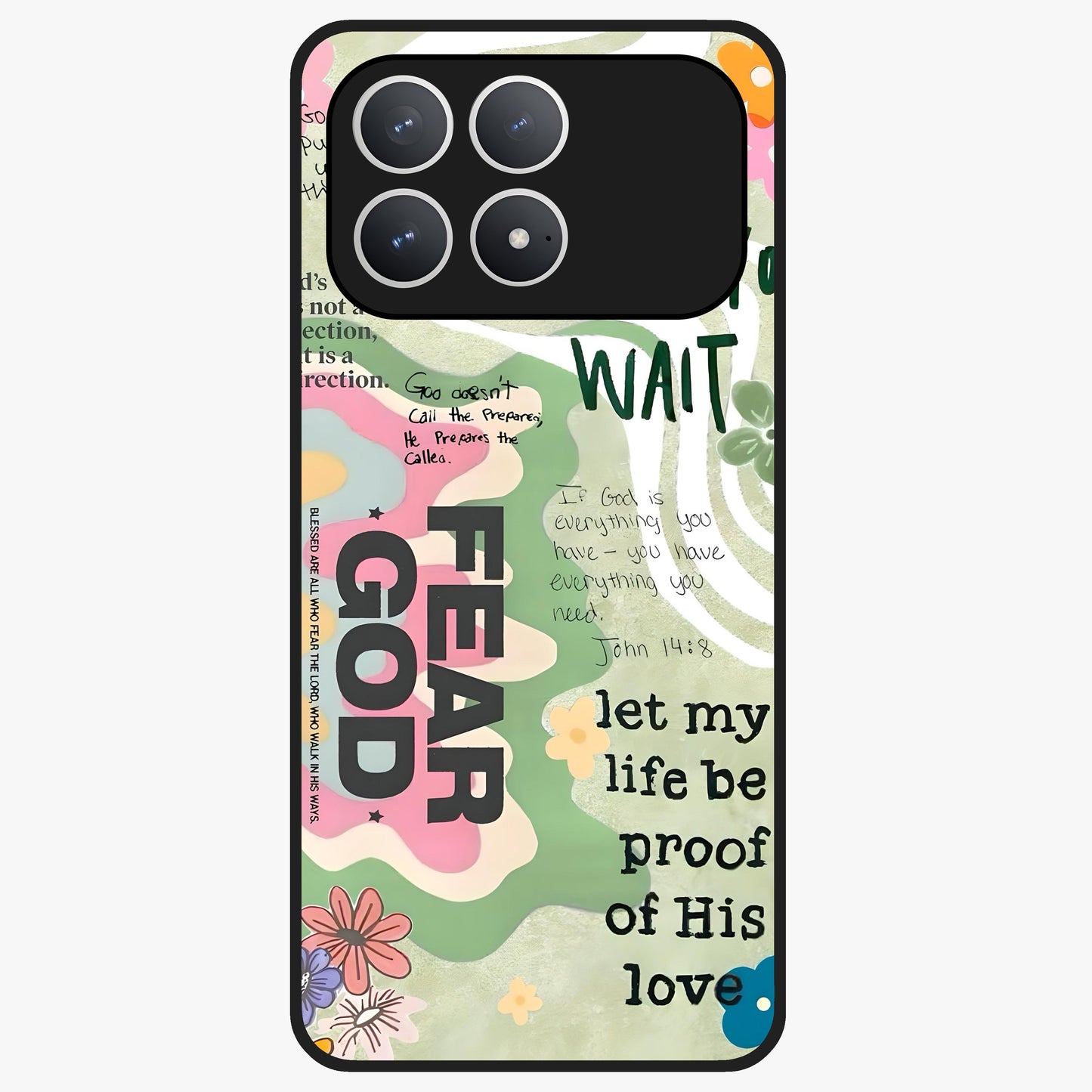 Faith Over Fear Glass Case showing flat back view with motivational typography artwork and glossy glass finish.