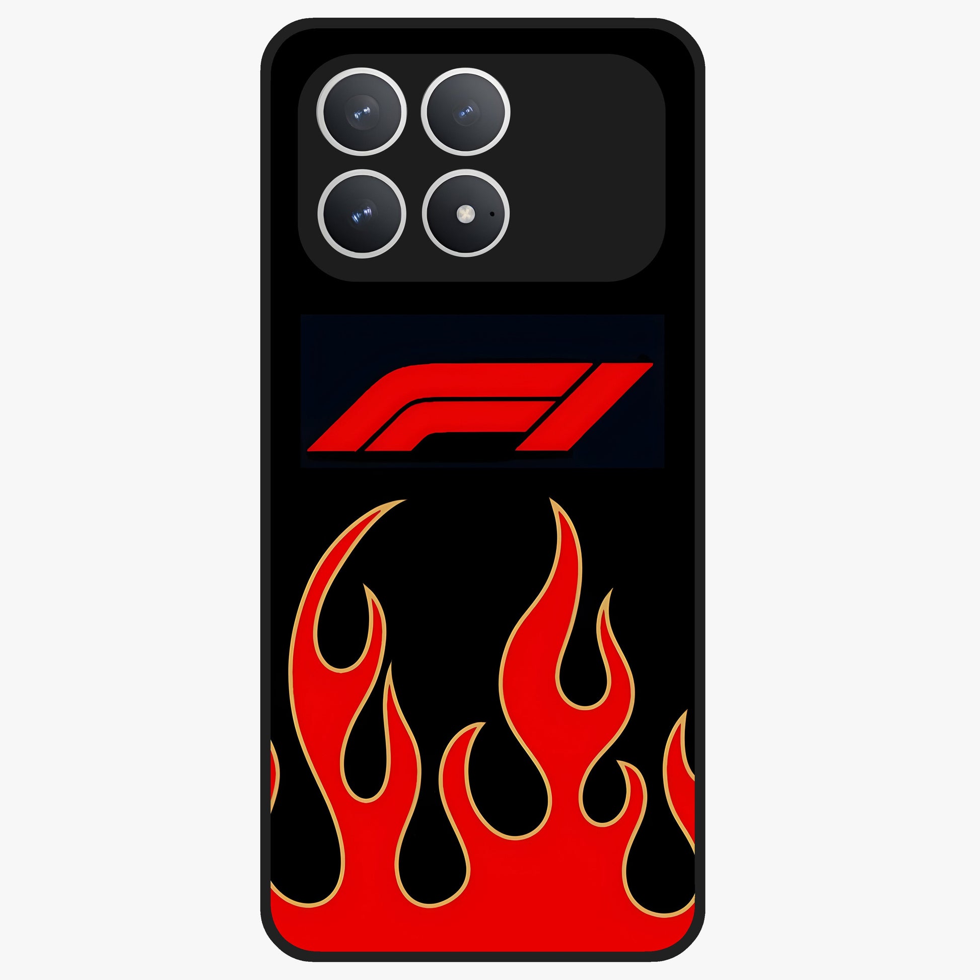 Fire F11 Glass Case showing flat back view with fiery themed artwork and glossy glass finish.