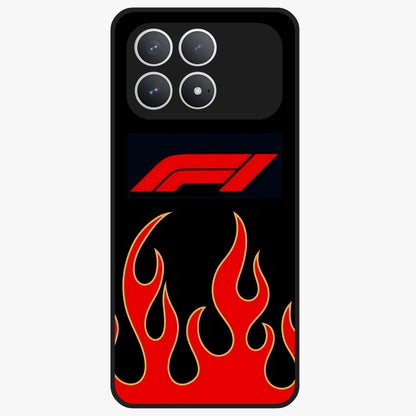 Fire F11 Glass Case showing flat back view with fiery themed artwork and glossy glass finish.