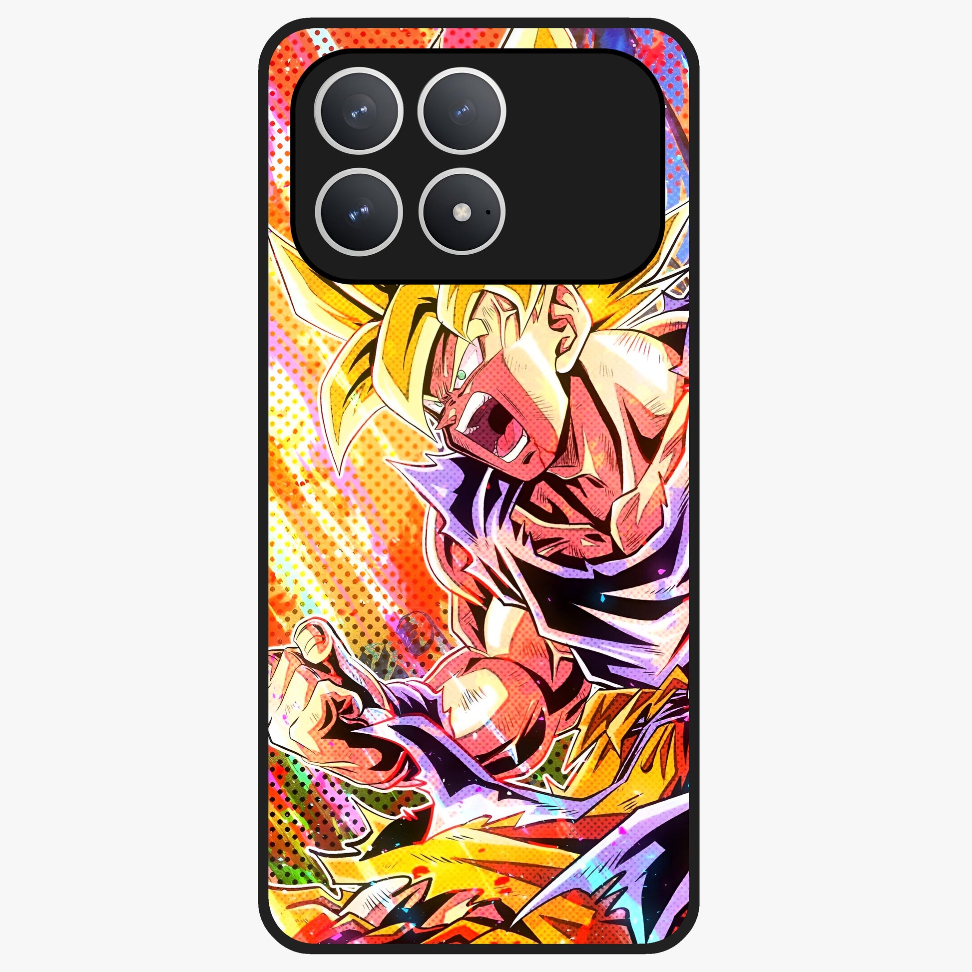 Firing Goku Glass Case showing flat back view with powerful anime inspired artwork and glossy glass finish.