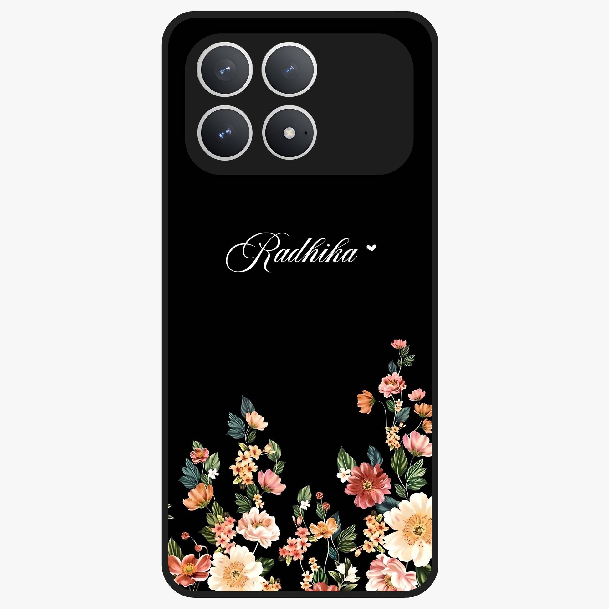 Floral Design With a Custom Personalized Name Glass Case showing flat back view with floral artwork and personalized name design.