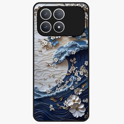 Floral Wave Origami Glass Case showing flat back view with origami inspired floral wave artwork and glossy glass finish.