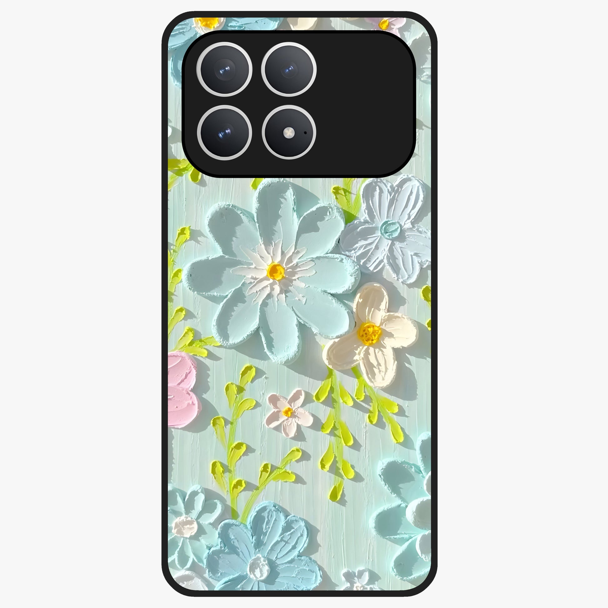 Frosted Petal Garden Glass Case showing flat back view with soft frosted floral artwork and glossy glass finish.