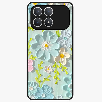 Frosted Petal Garden Glass Case showing flat back view with soft frosted floral artwork and glossy glass finish.