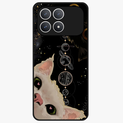 Galactic Cat Glass Case showing flat back view with cosmic cat artwork and glossy glass finish.