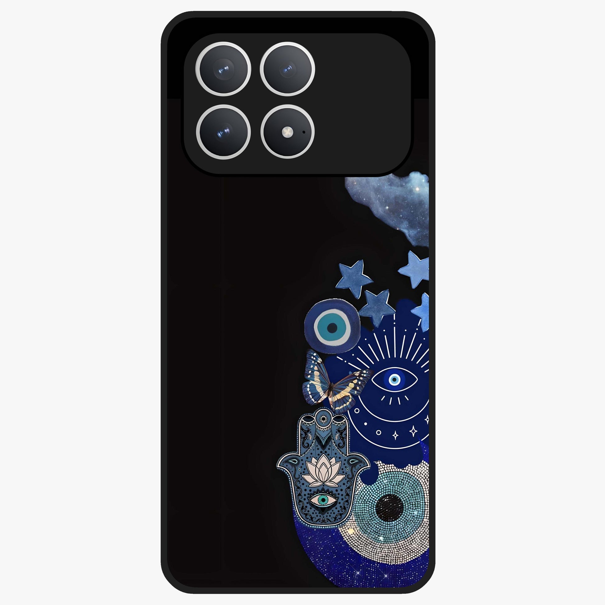 Galactic Charm Cluster Glass Case showing flat back view with glowing celestial charm artwork and glossy glass finish.