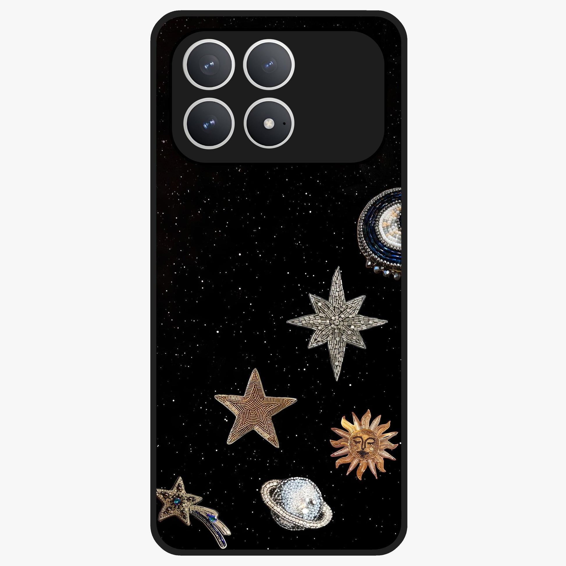 Galactic Charm Glow Glass Case showing flat back view with glowing celestial charm artwork and glossy glass finish.