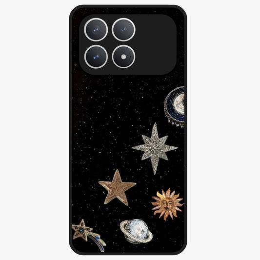 Galactic Charm Glow Glass Case showing flat back view with glowing celestial charm artwork and glossy glass finish.