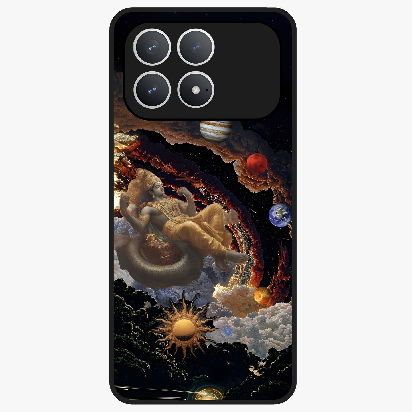 Galactic Divine God Glass Case showing flat back view with divine cosmic themed artwork and glossy glass finish.