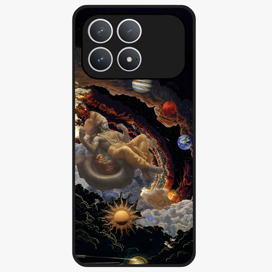Galactic Divine God Glass Case showing flat back view with divine cosmic themed artwork and glossy glass finish.
