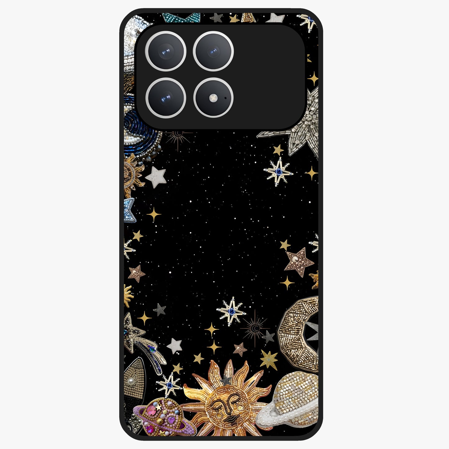 Galactic Jewel Stars Glass Case showing flat back view with sparkling star jewel artwork and glossy glass finish.