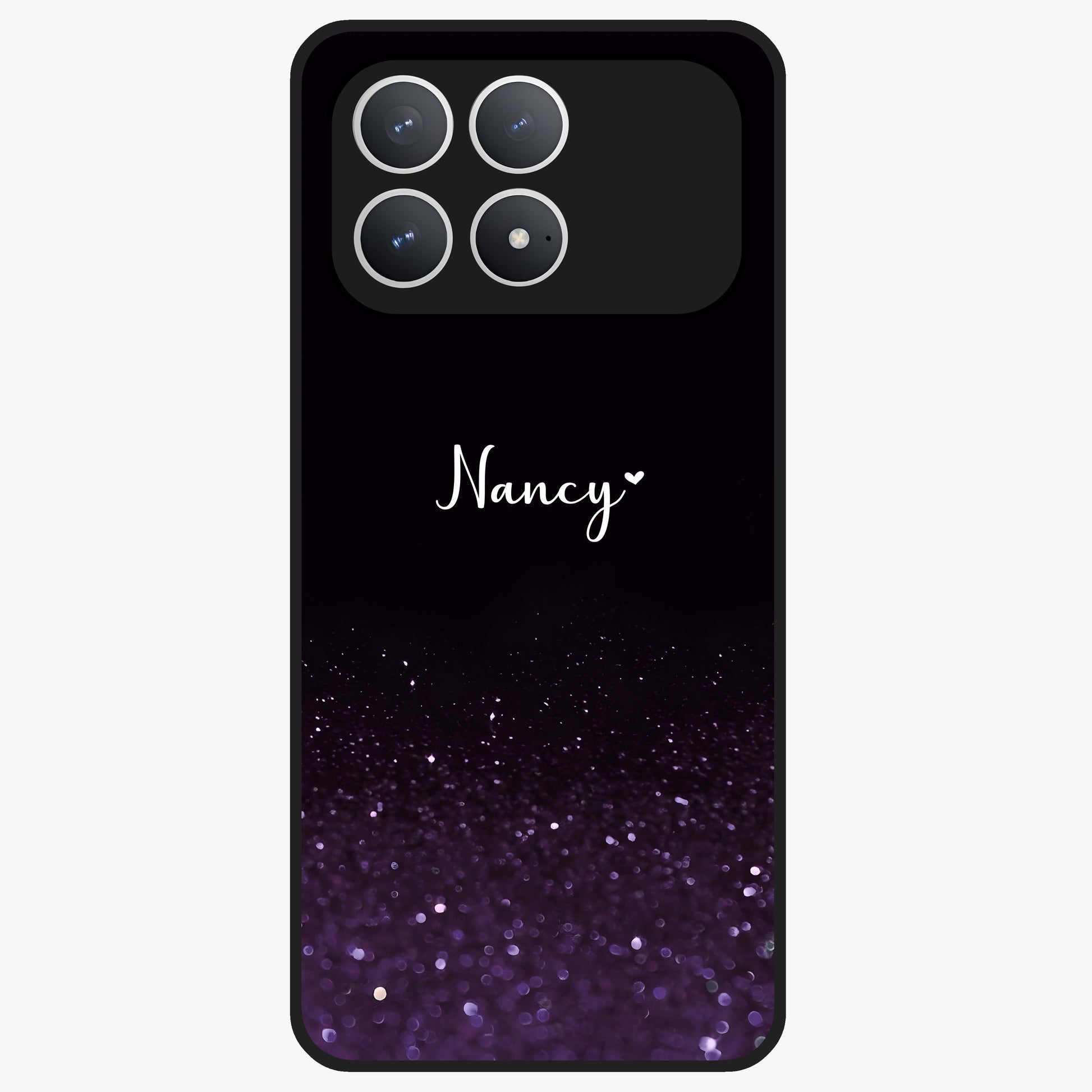 Glittery Purple Bokeh Custom Name Glass Case showing flat back view with purple bokeh sparkle artwork and personalized name design.