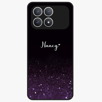 Glittery Purple Bokeh Custom Name Glass Case showing flat back view with purple bokeh sparkle artwork and personalized name design.